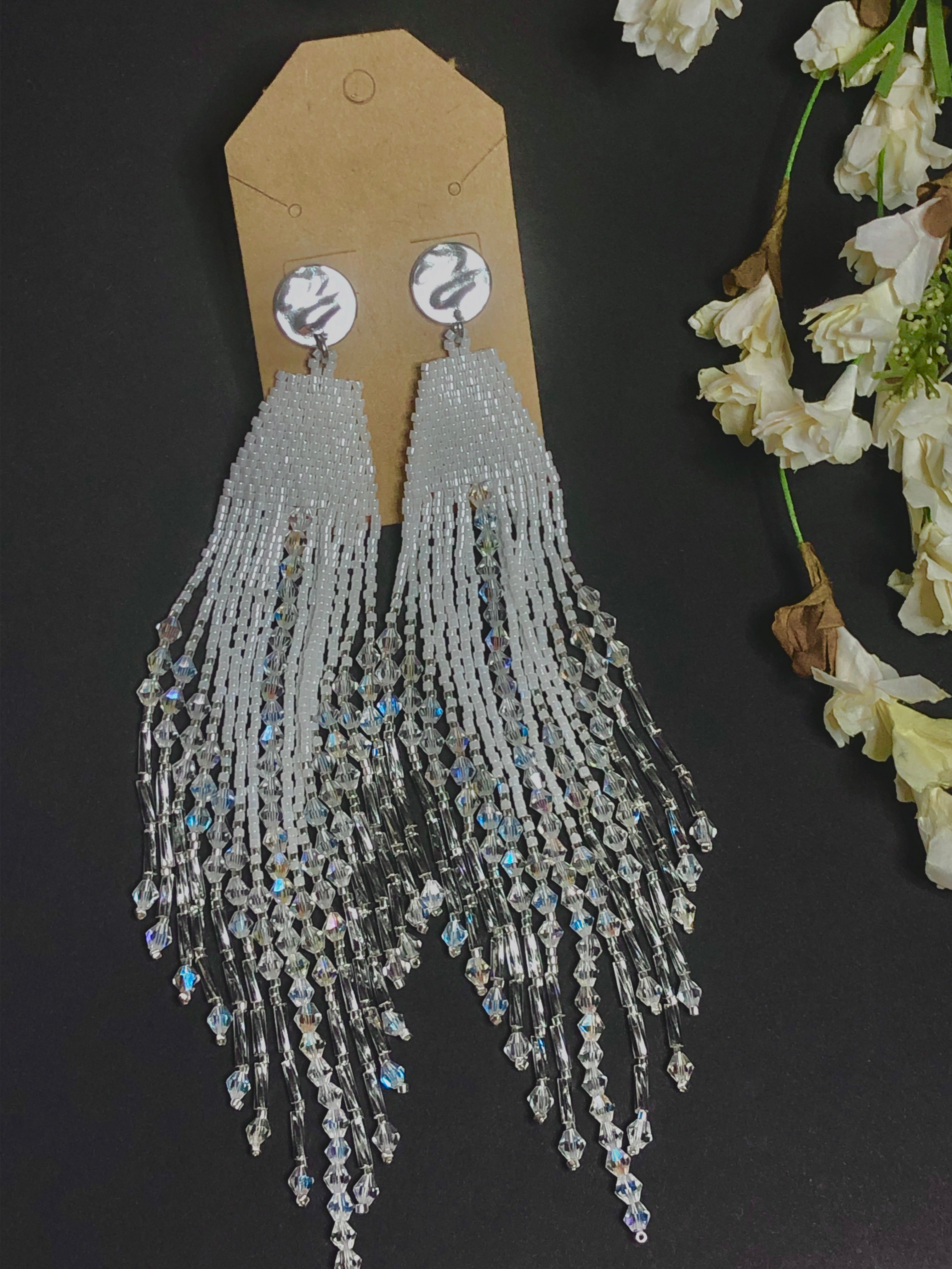 Pearl White Bridal Tassel Earrings