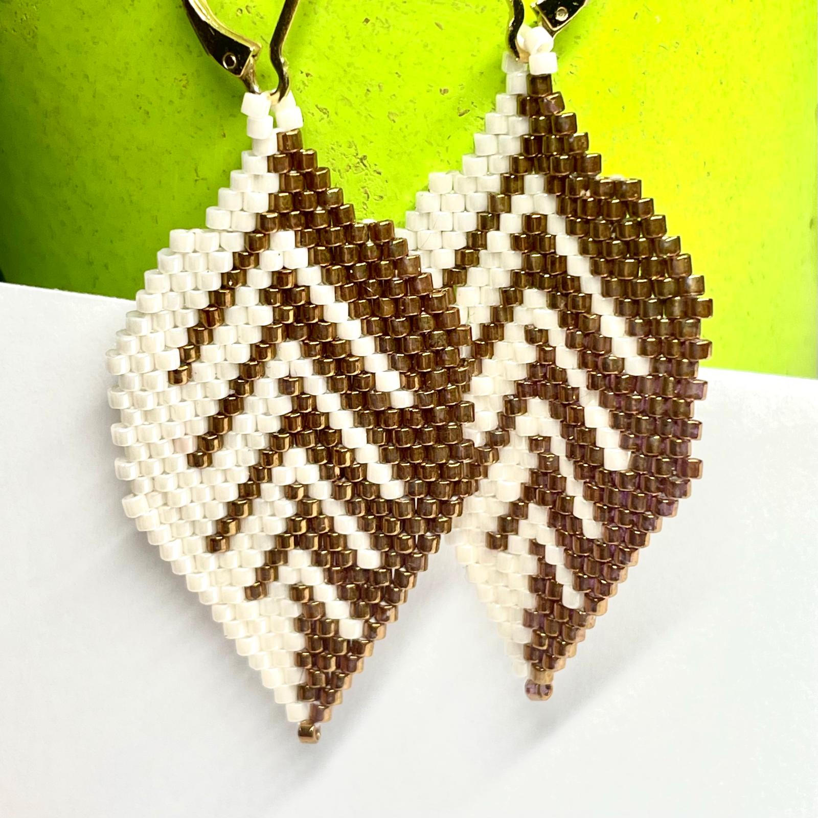 Bronze & White Leaf Beaded Earrings