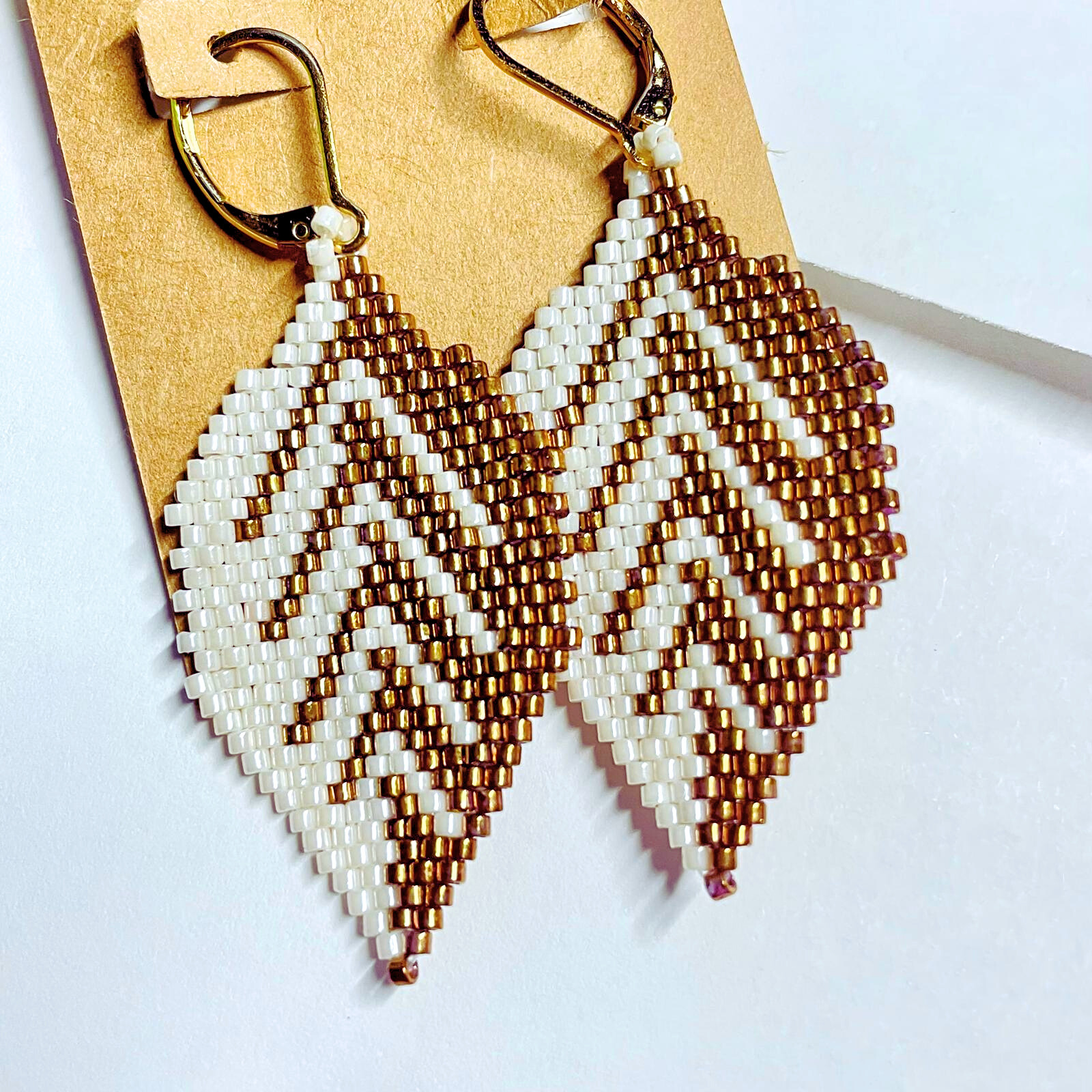 Bronze & White Leaf Beaded Earrings